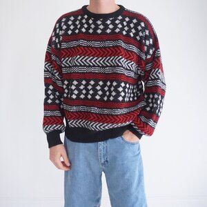 Vintage Black Red Biggie Cosby Eclectic Grandpa Knit Crewneck Sweater XL